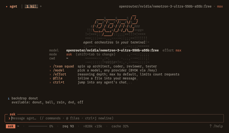 The agnt terminal app: logo, command list, model picker and input prompt